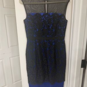Eliza J Black Lace Overlay on Blue Midi Dress